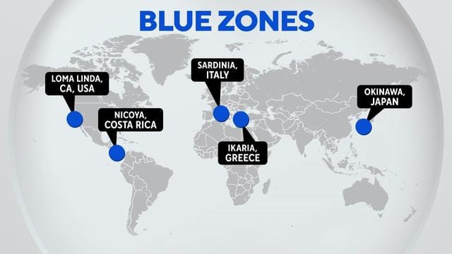 A map of the world with Blue Zones highlighted in Blue