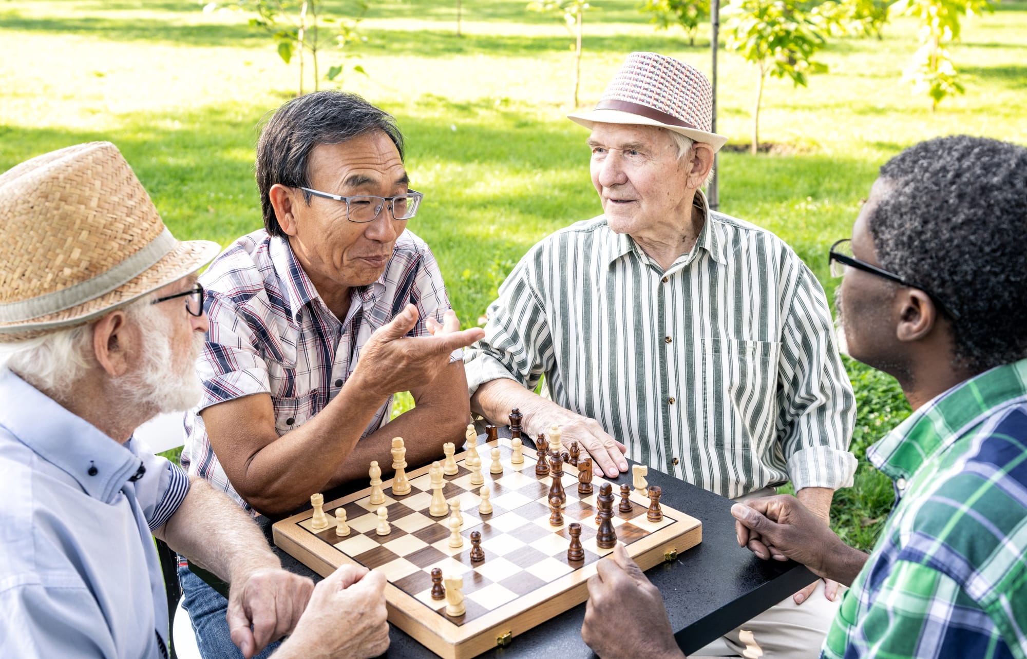 older people playing chess in the park