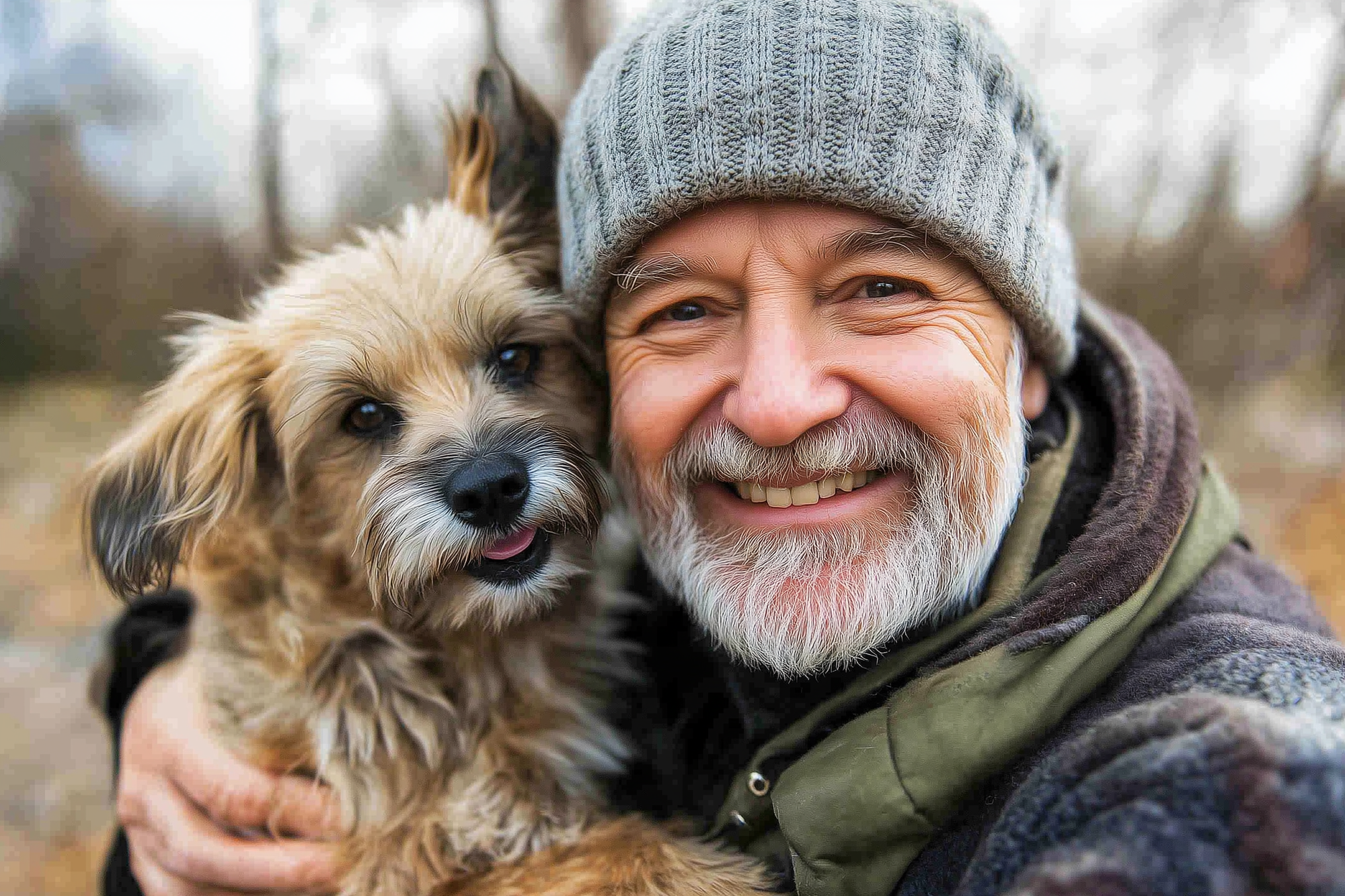 an older man holding his puppy