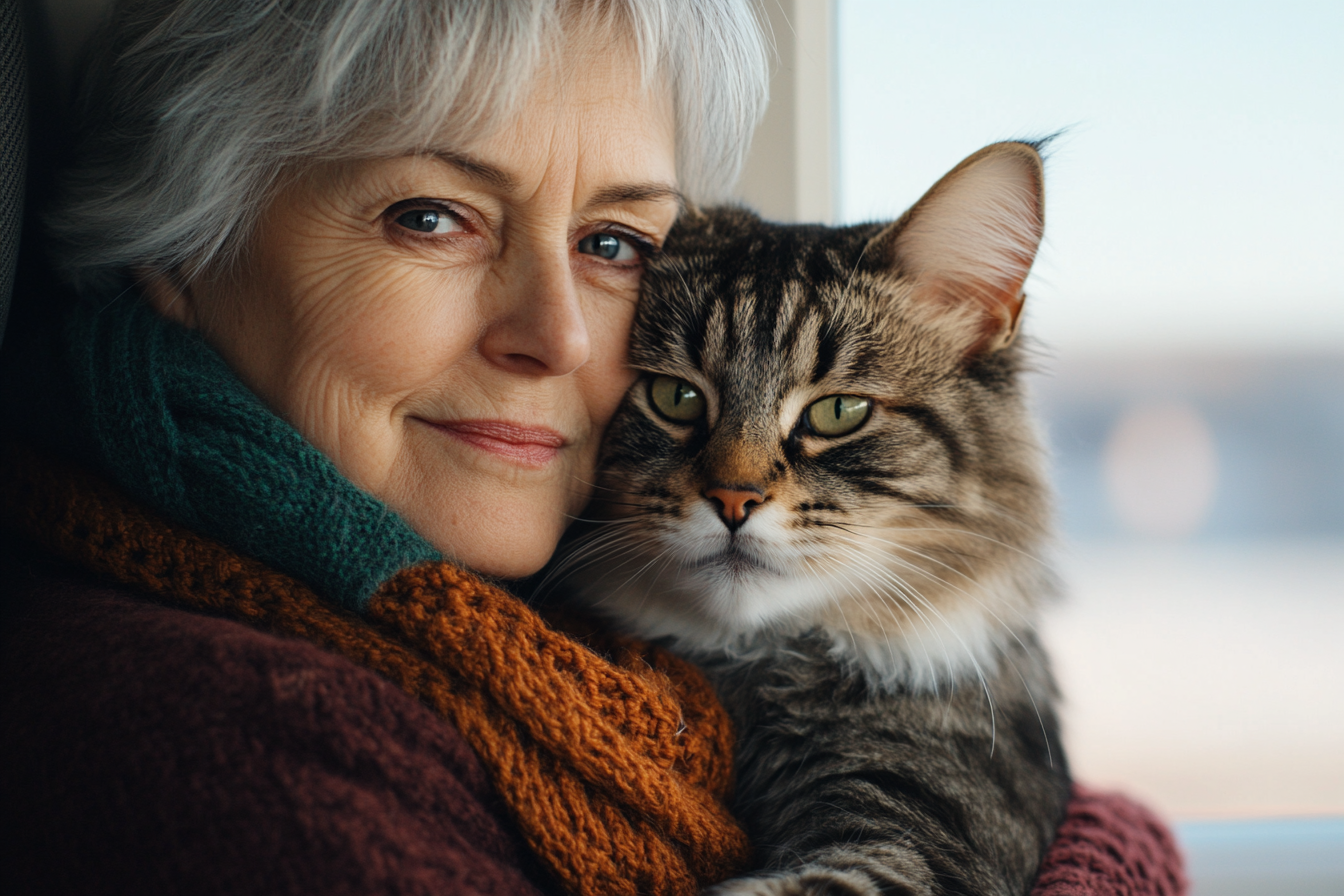 a senior woman holding her cat