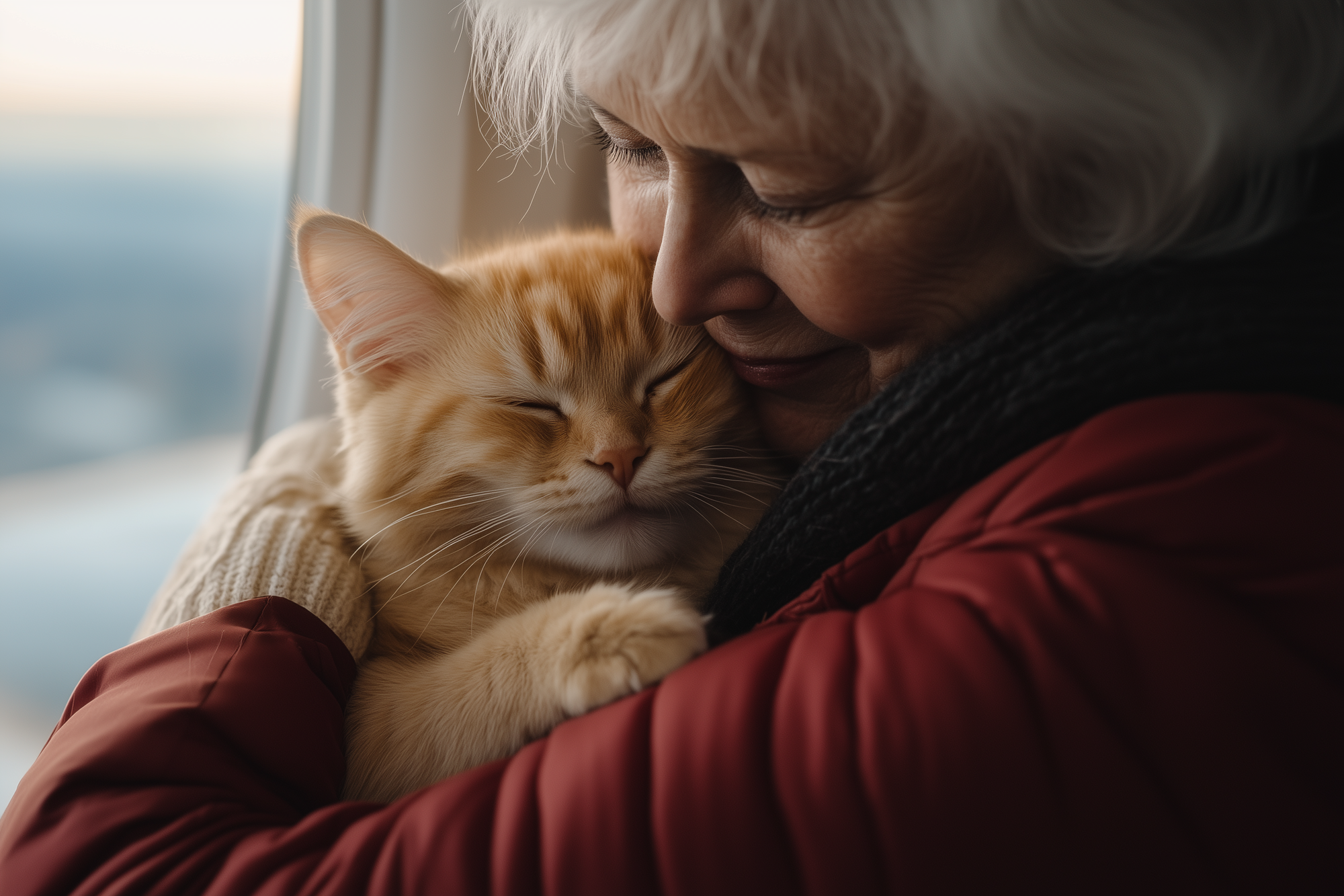 an elderly woman on a plane with her cat