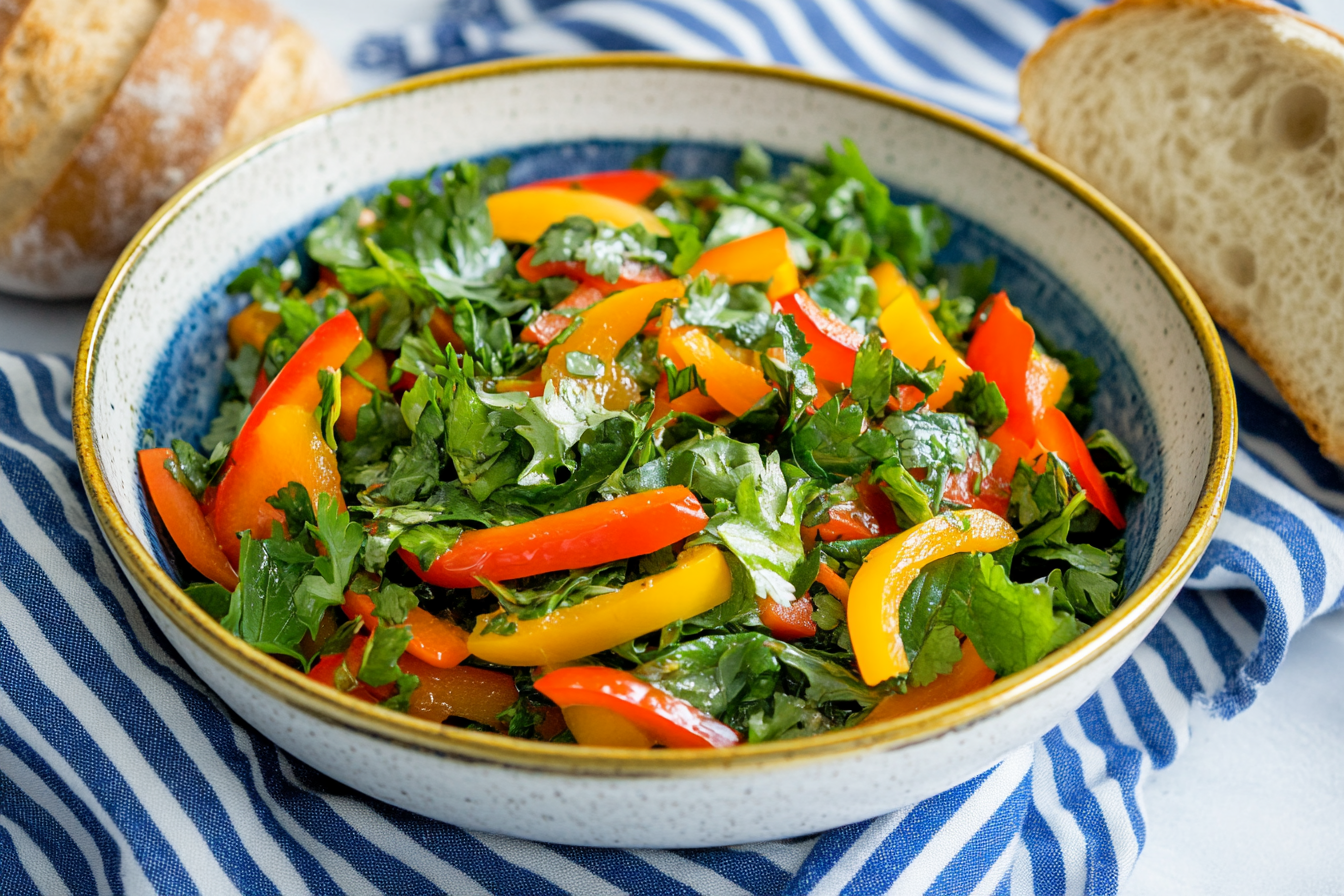a healthy bowl of greens and peppers