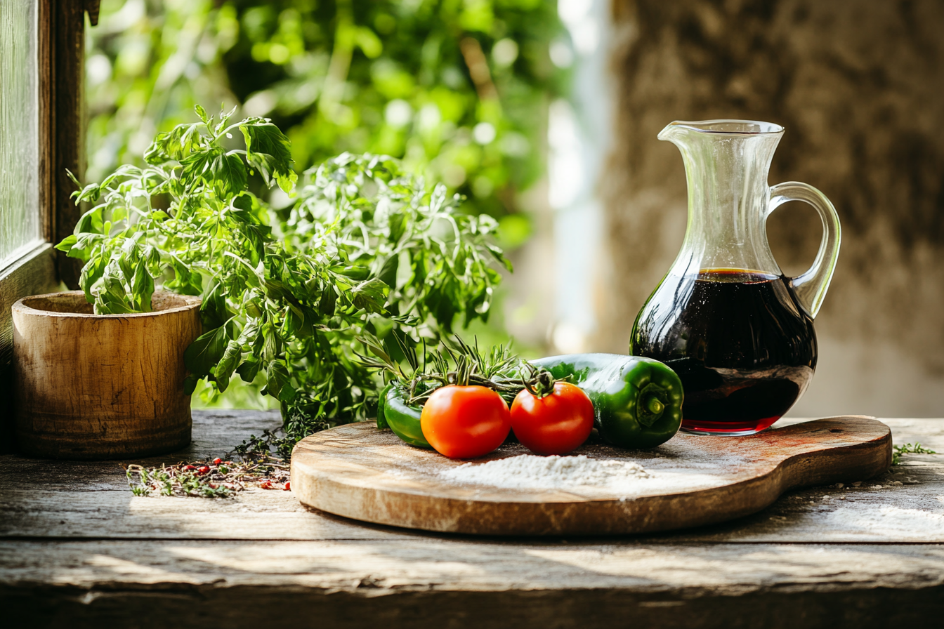 a carafe of wine with tomatoes, basil and peppers