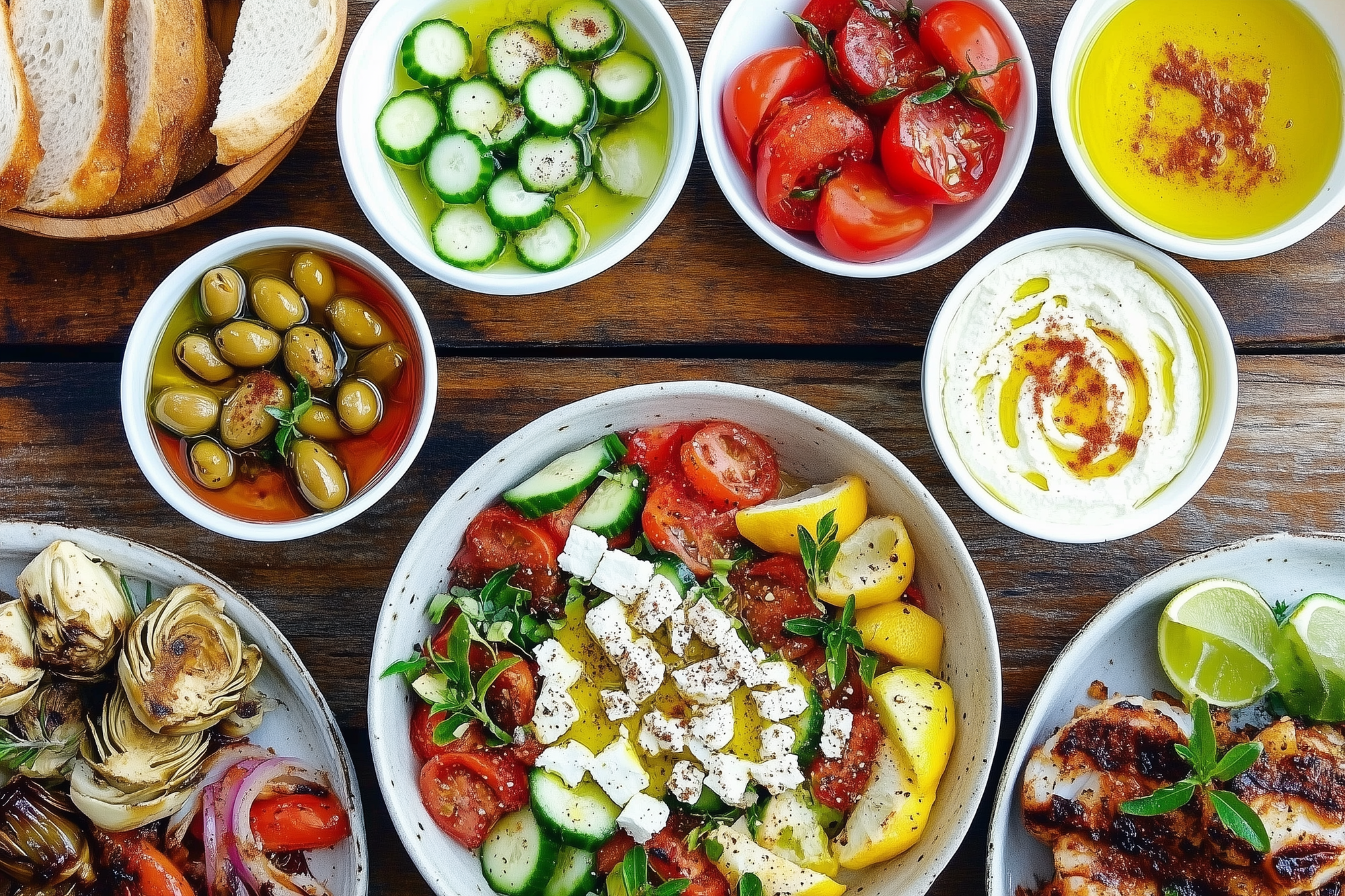 Mediterranean Diet For Longevity and Blue Zones Visual with Tomatoes, Basil, Olives, bread