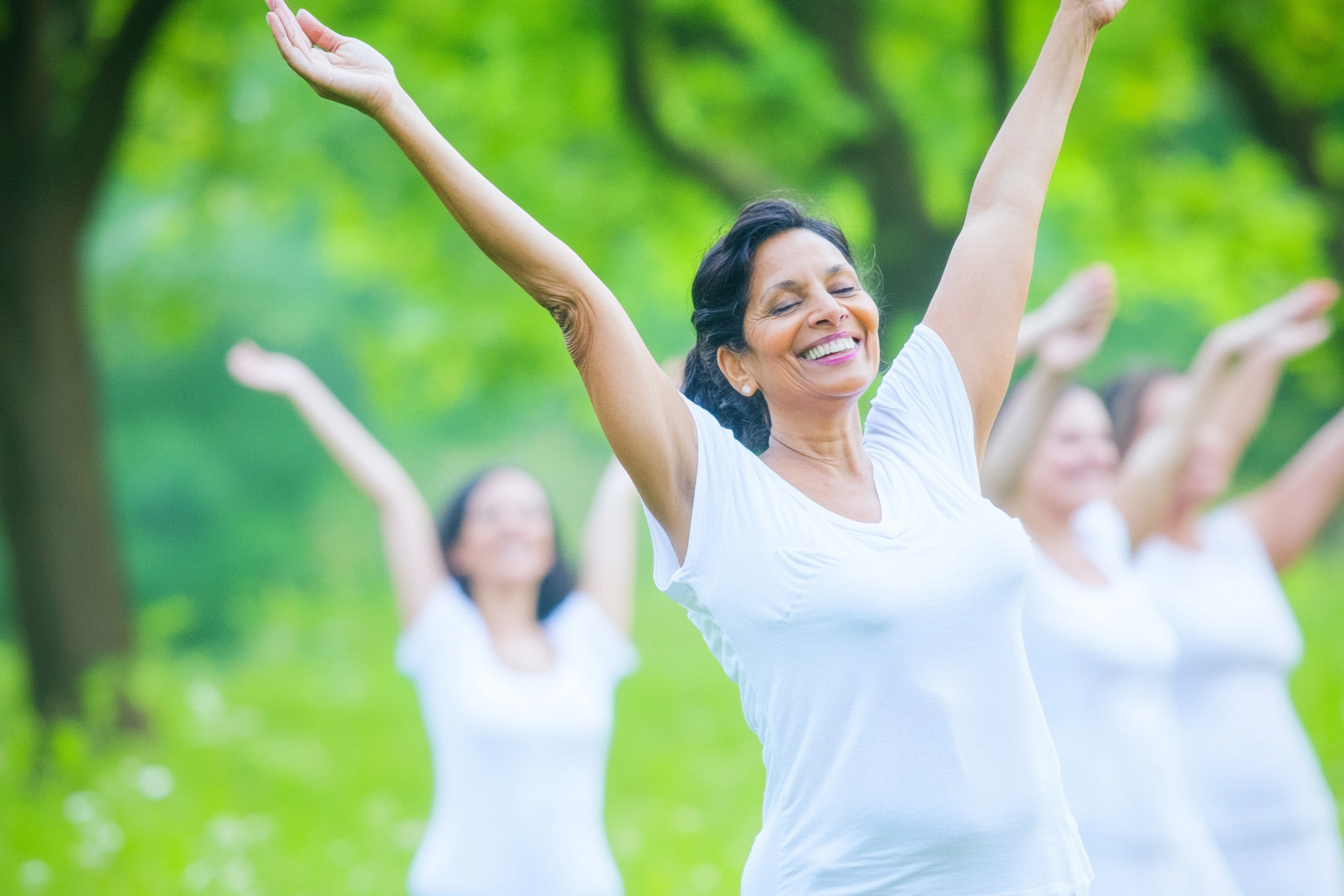 an older woman engaging in group exercise