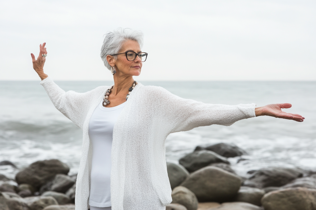 an elder lady moving by the ocean