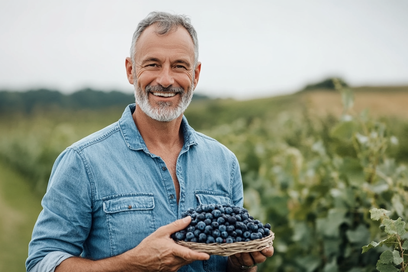 an older man holding a plate of blueberries