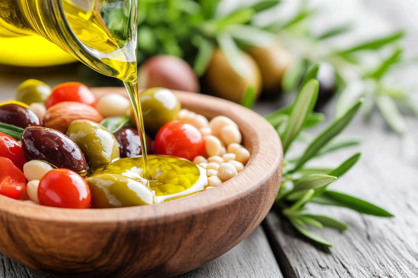 Mediterranean Diet For Longevity and Blue Zones Visual with Tomatoes, beans