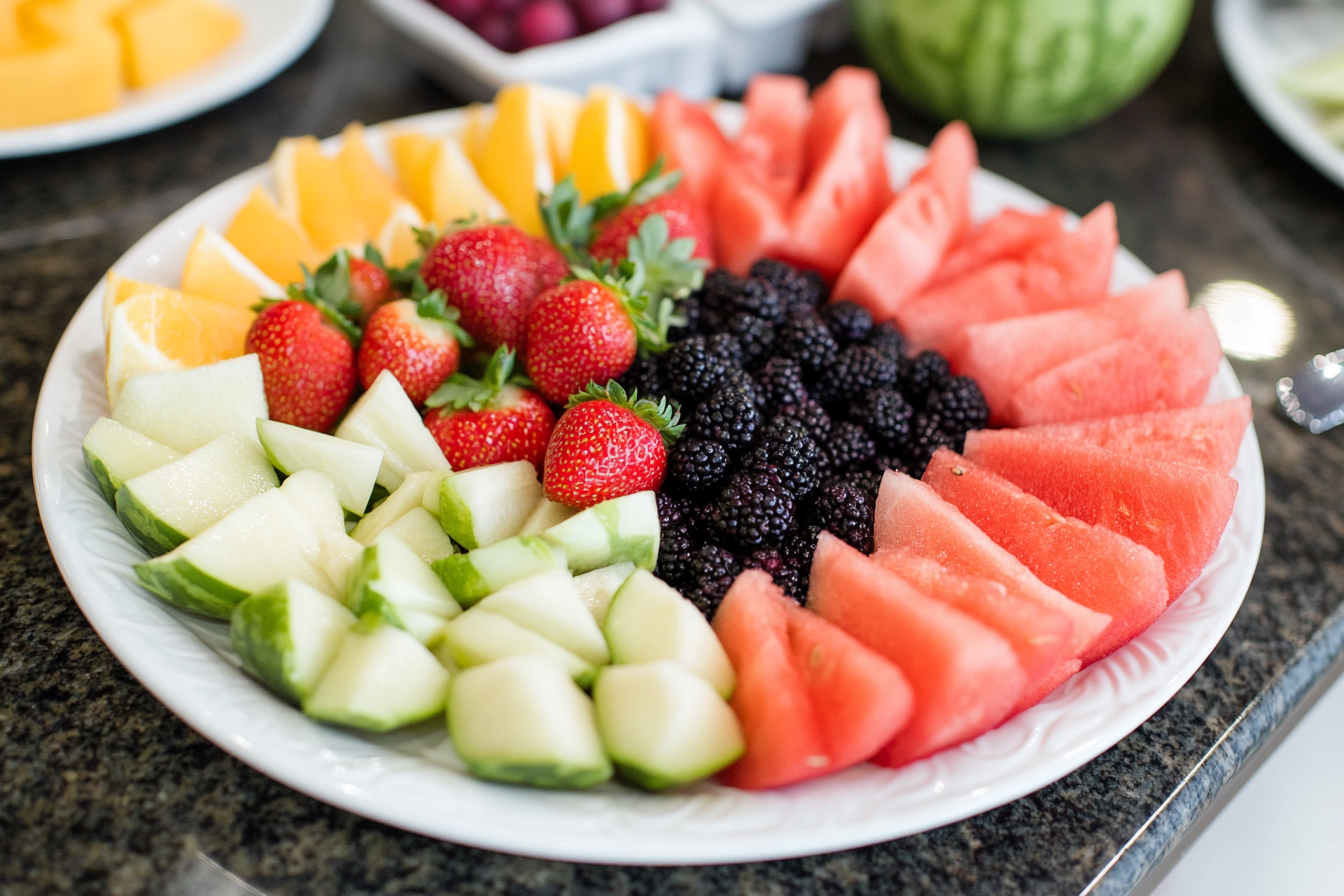 a tray of fruits like strawberries, watermelon, blackberries and oranges