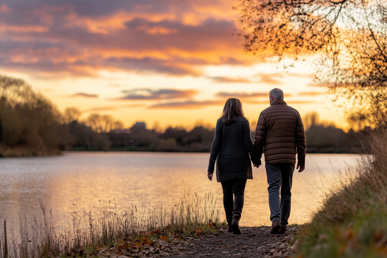 a beautiful sunset with an older couple walking