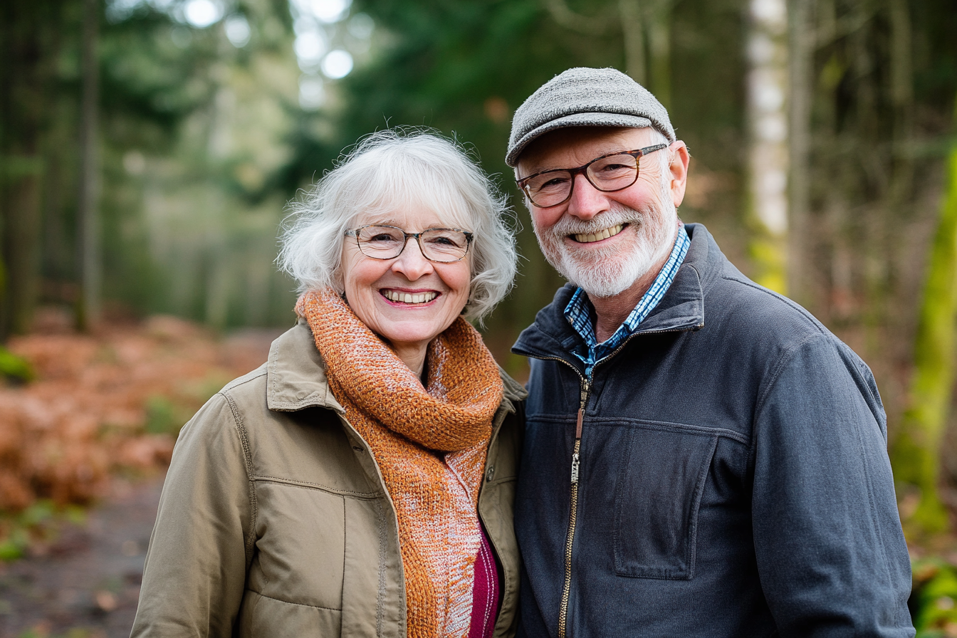 an older couple in the woods going for a healthy walk