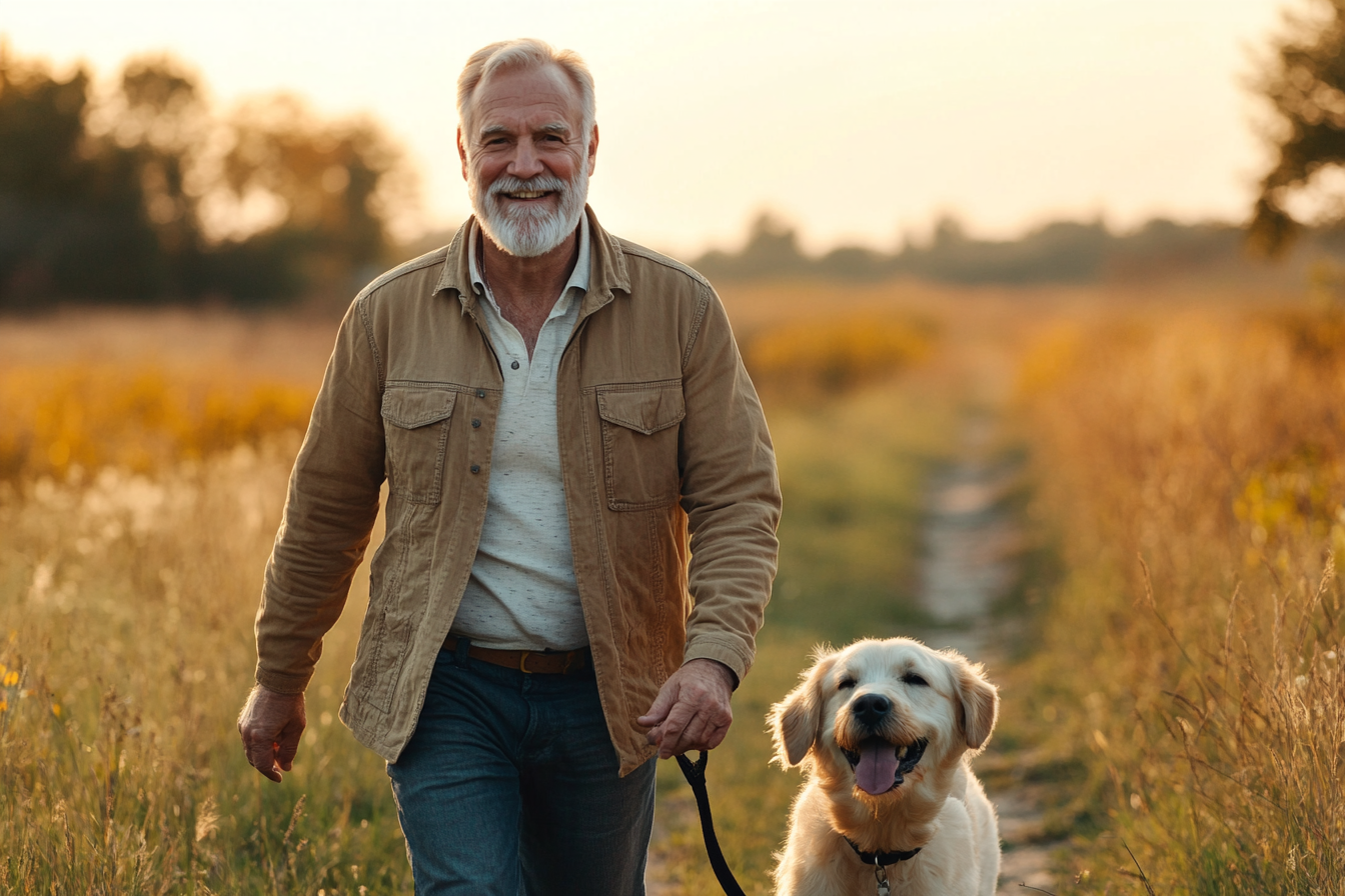 an older man walking a dog through a field