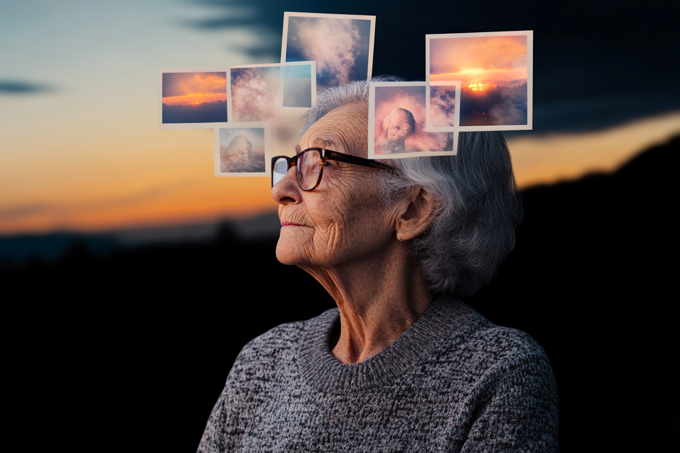 a woman with pictures symbolizing forgetting details from alzheimers disease