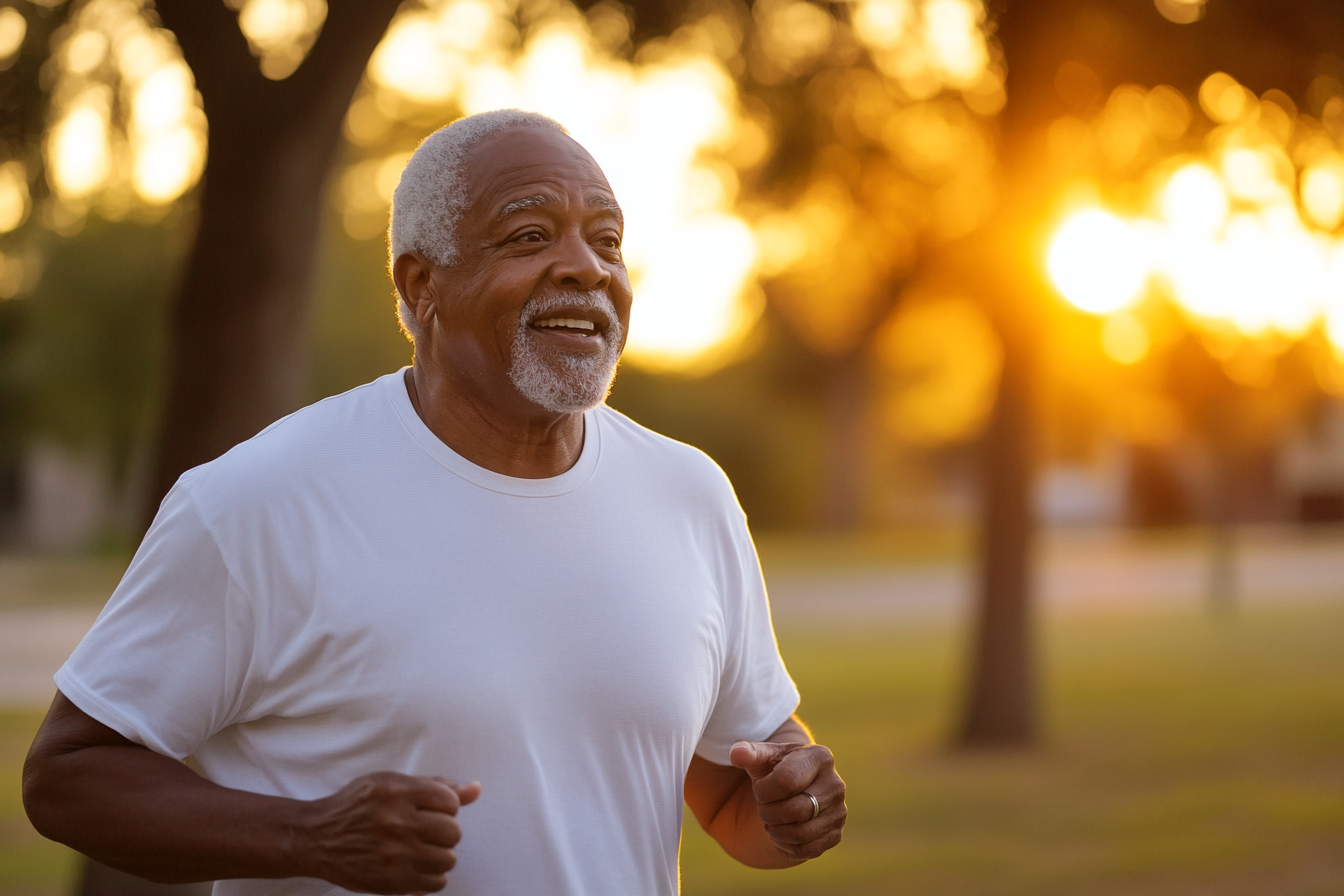 an older black man running in the park