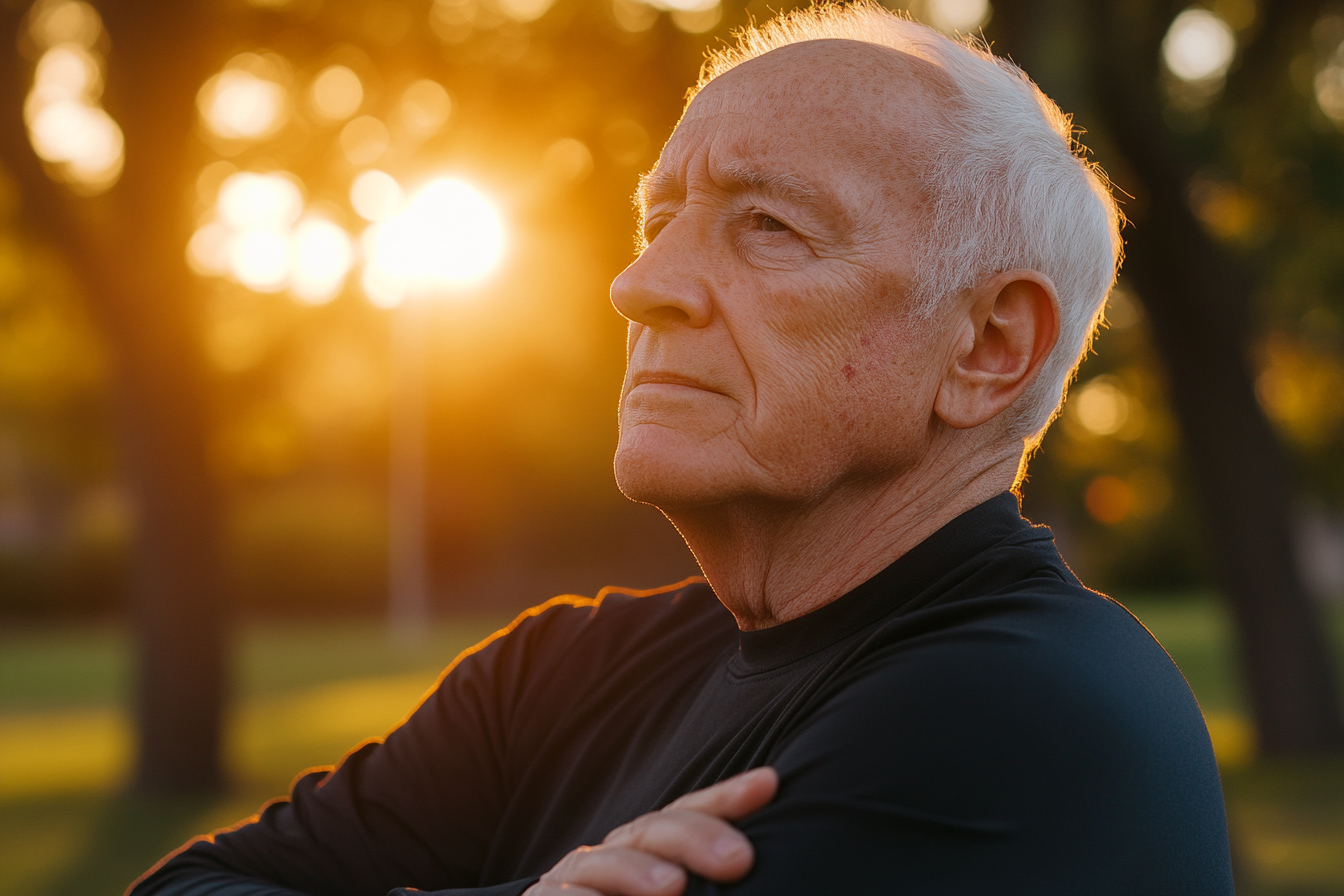 an older man thinking at sunset