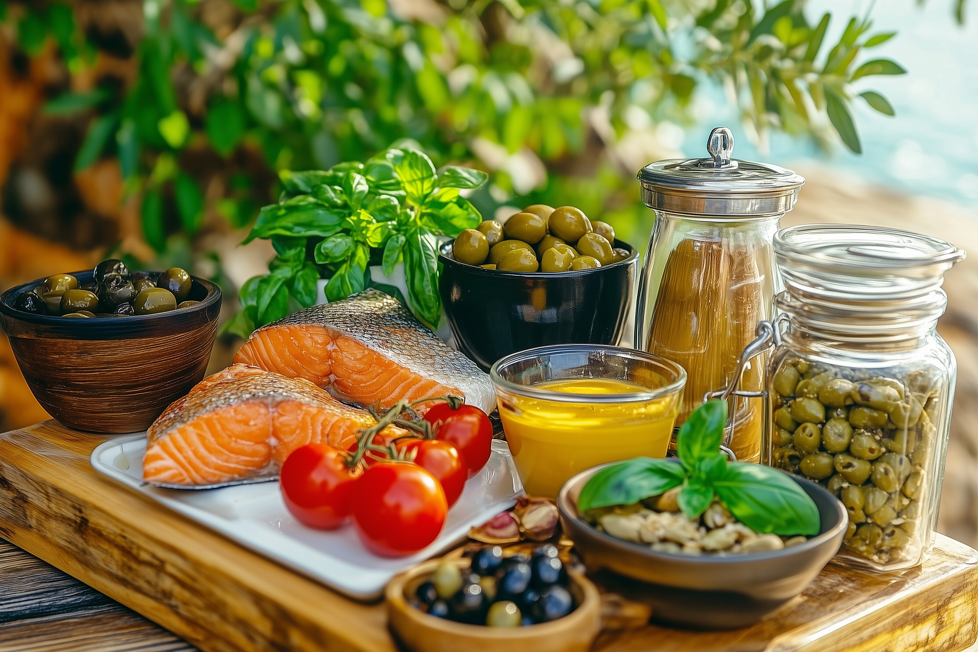 Mediterranean Diet For Longevity and Blue Zones Visual with Tomatoes, Basil, Olives, Salmon