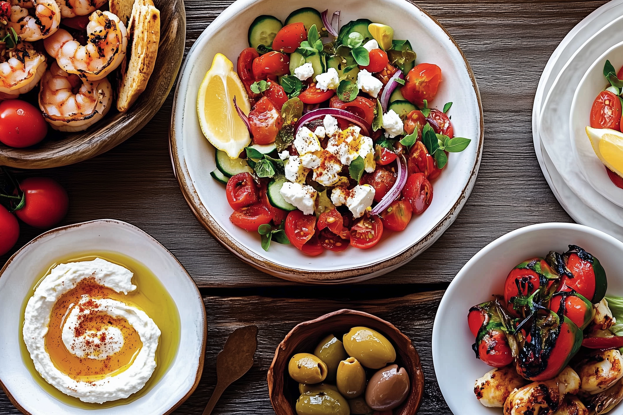 Mediterranean Diet For Longevity and Blue Zones Visual with Tomatoes, Basil, Olives, Salmon