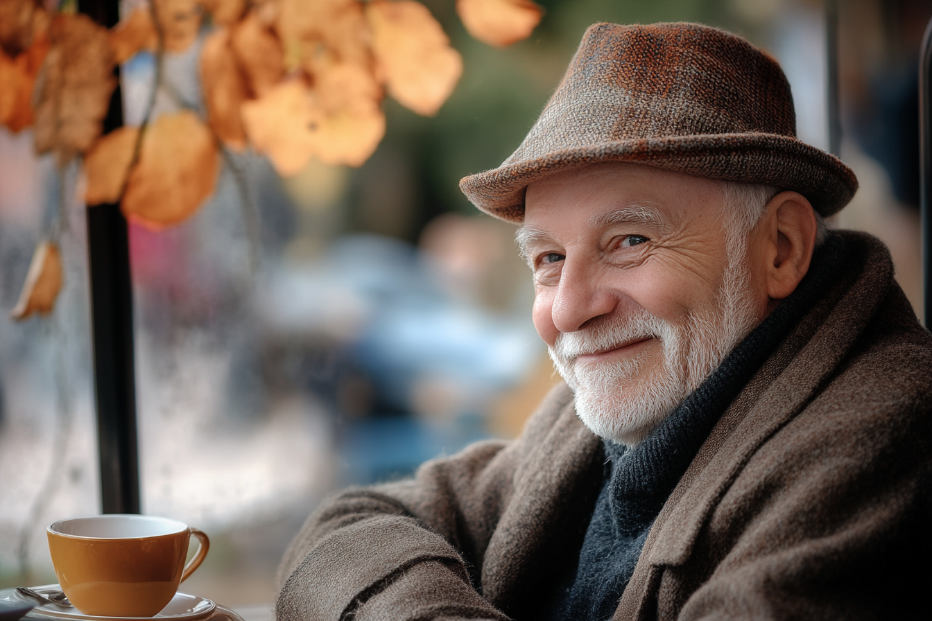 an older man with a cup of coffee