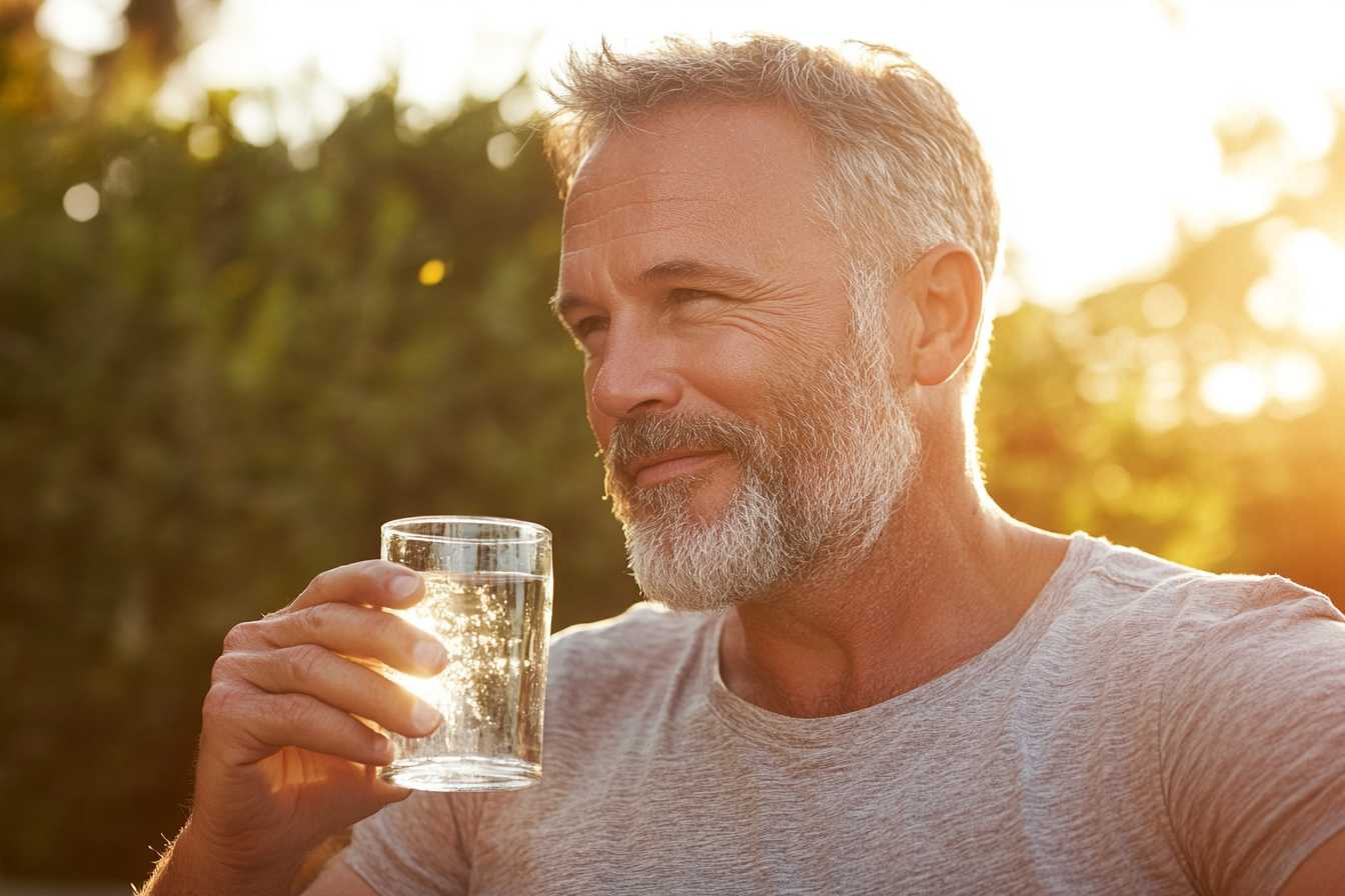 an older man drinking a glass of water