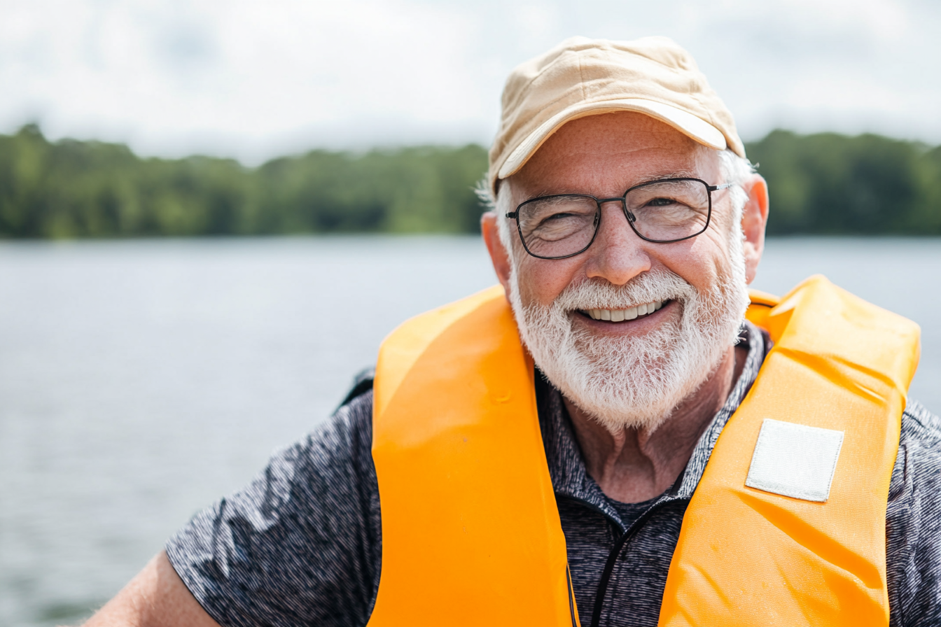 an older man wearing a life jacket for an efoil