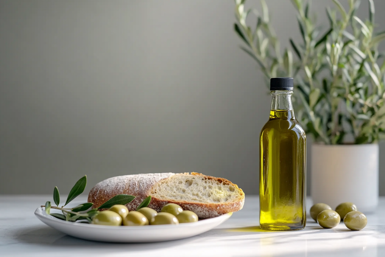 Mediterranean Diet For Longevity and Blue Zones Visual with olive oil and bread and olives
