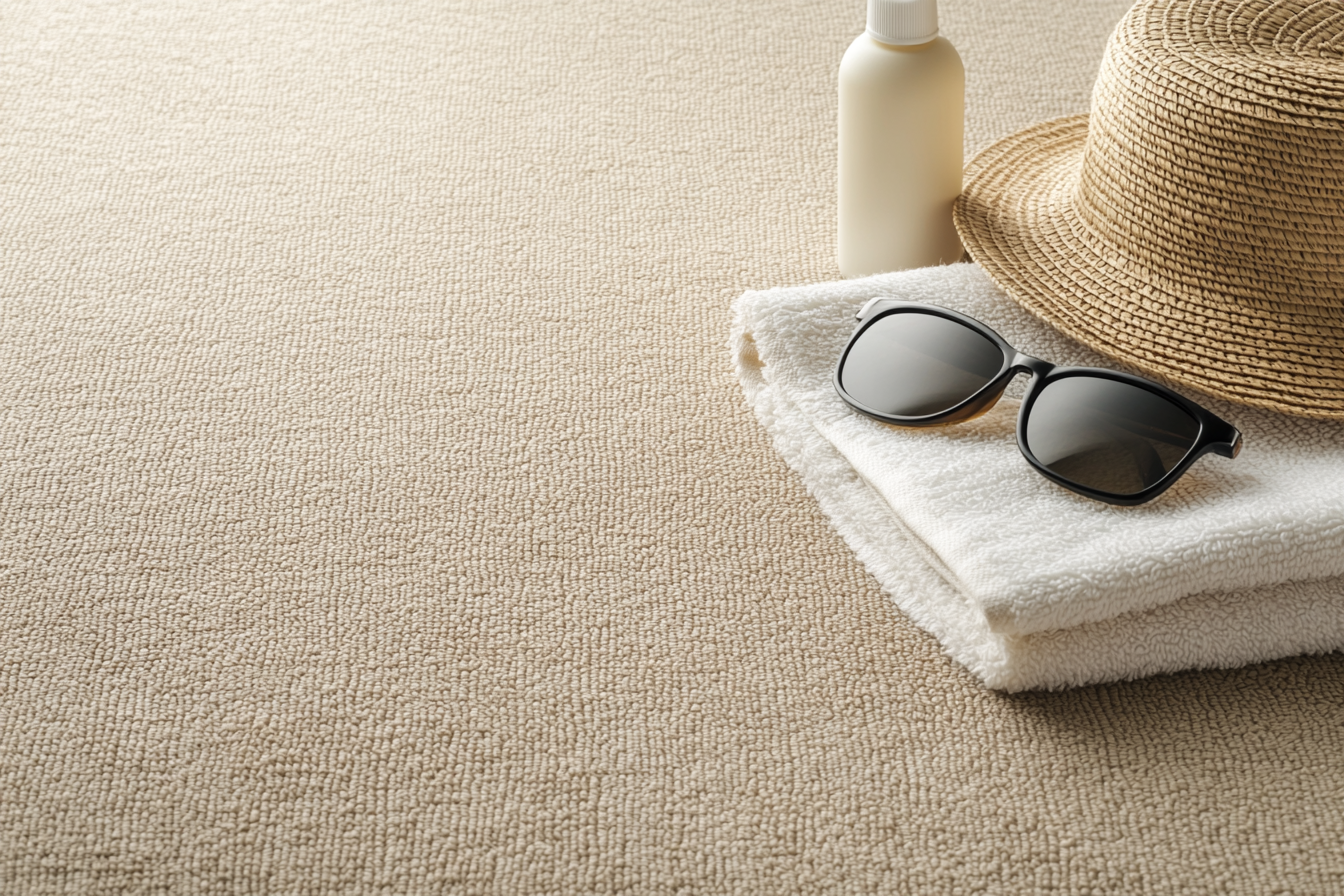 sunscreen, hat and towel