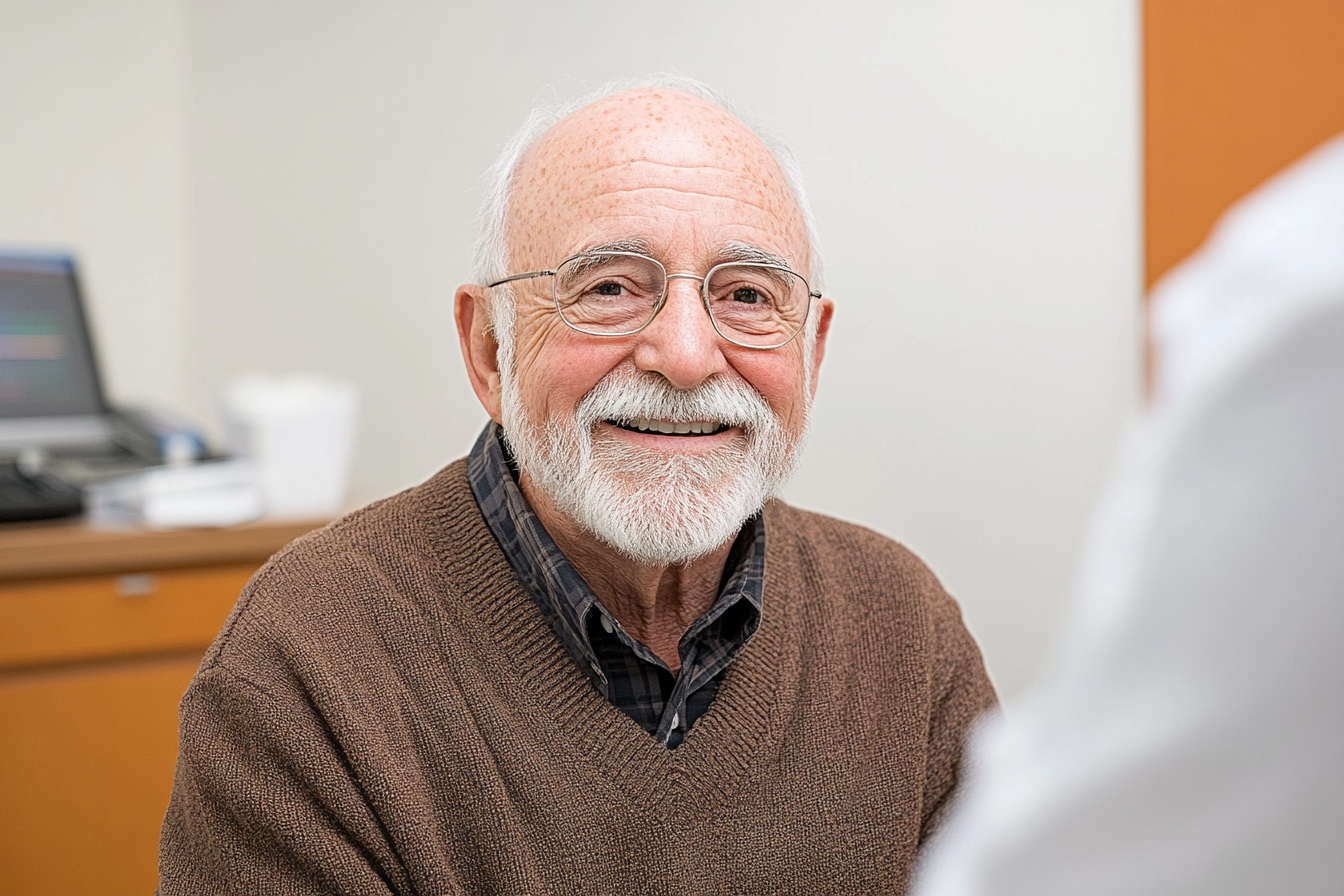a happy man in a doctors office