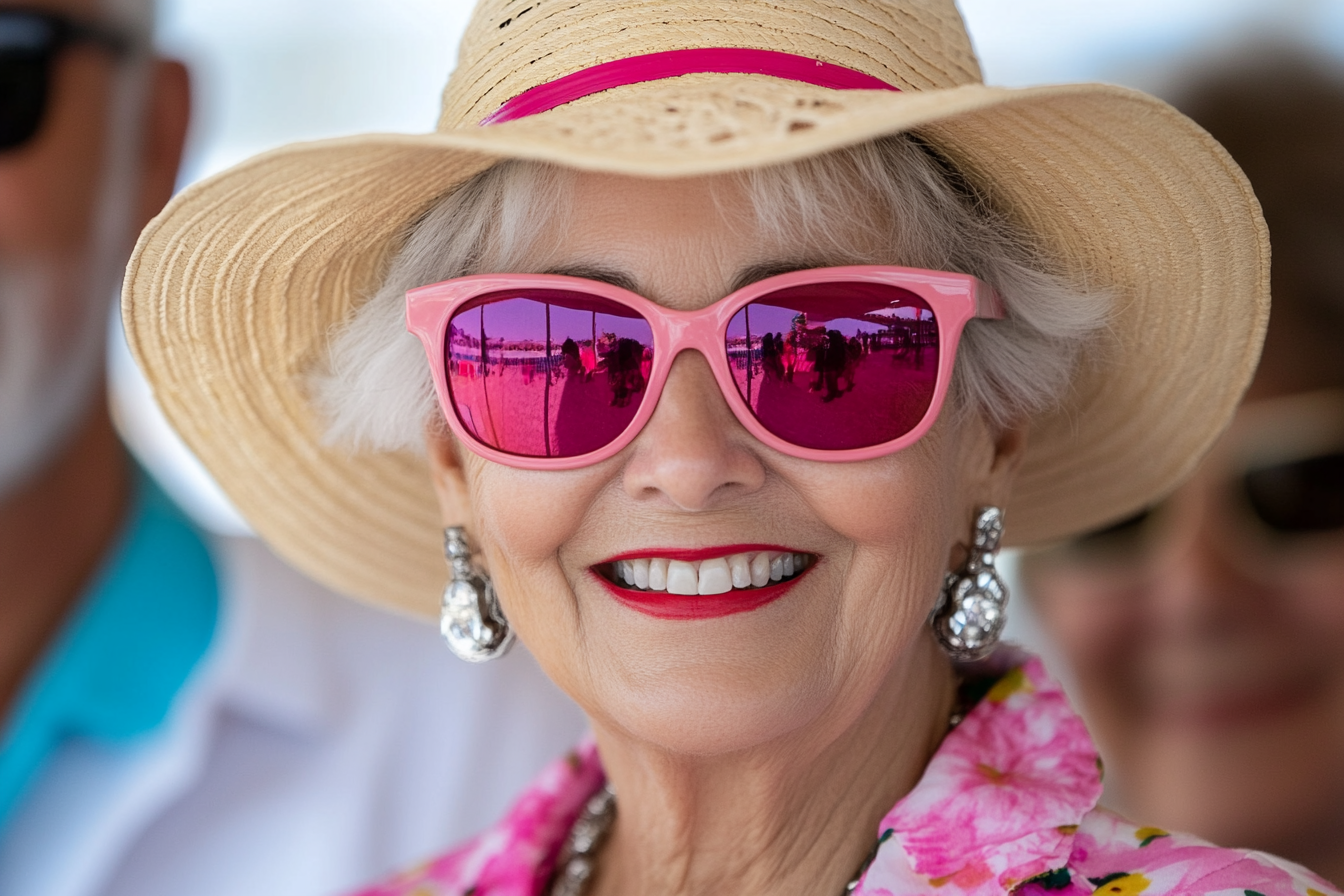 older woman wearing sunglasses and a hat